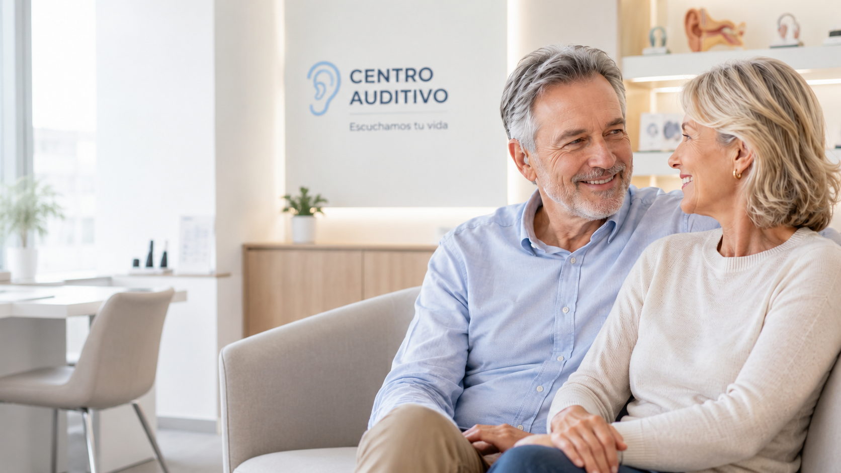 Pareja madura sonriendo en el centro auditivo de Guillermo Ópticos en Arganzuela (Madrid)