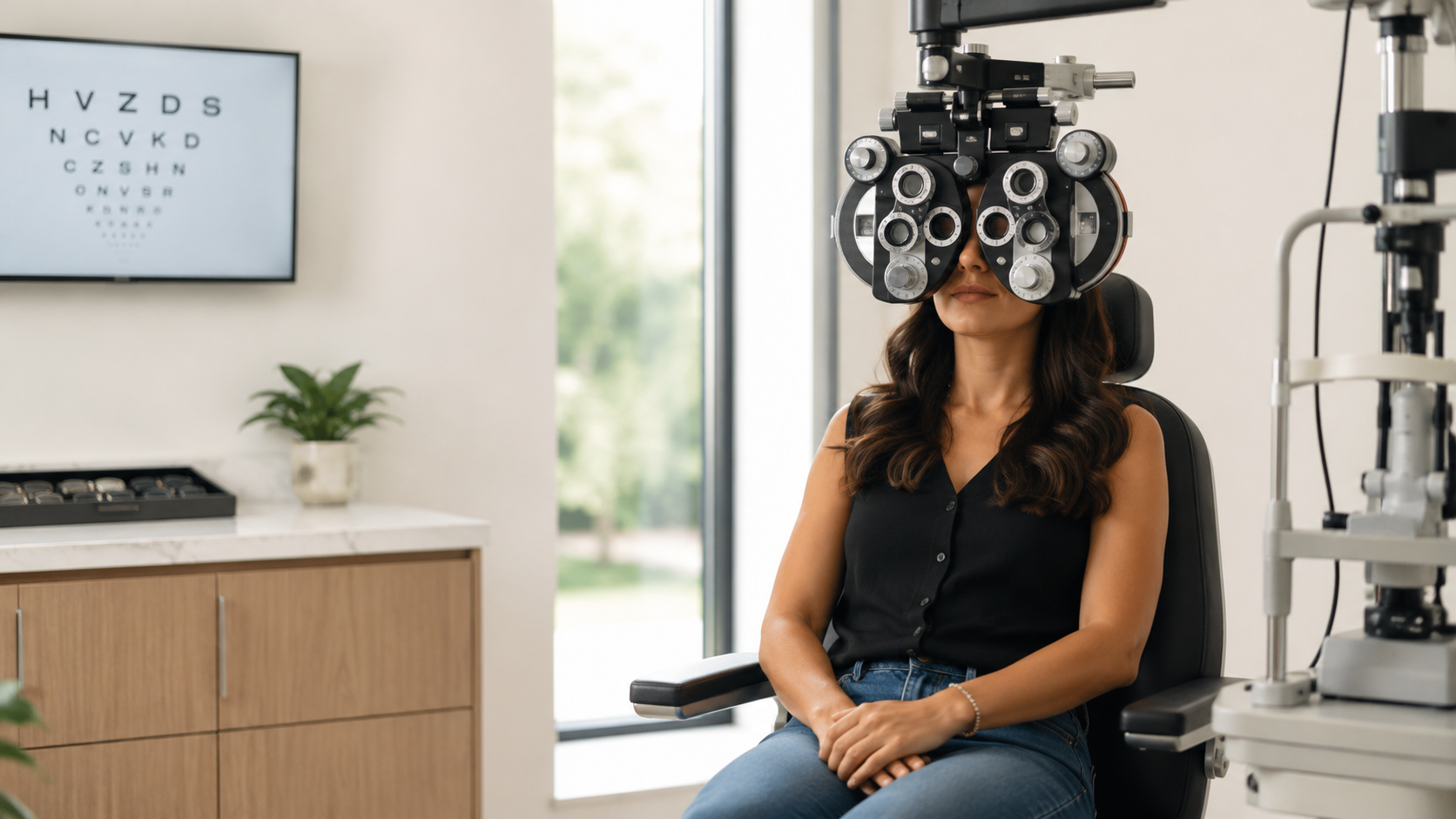Optometrista realizando un examen visual completo — Guillermo Ópticos Madrid Río