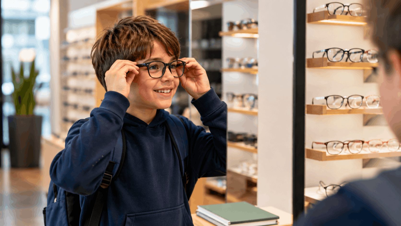 Optometrista ajustando la gafa de prueba a un niño durante un examen visual
