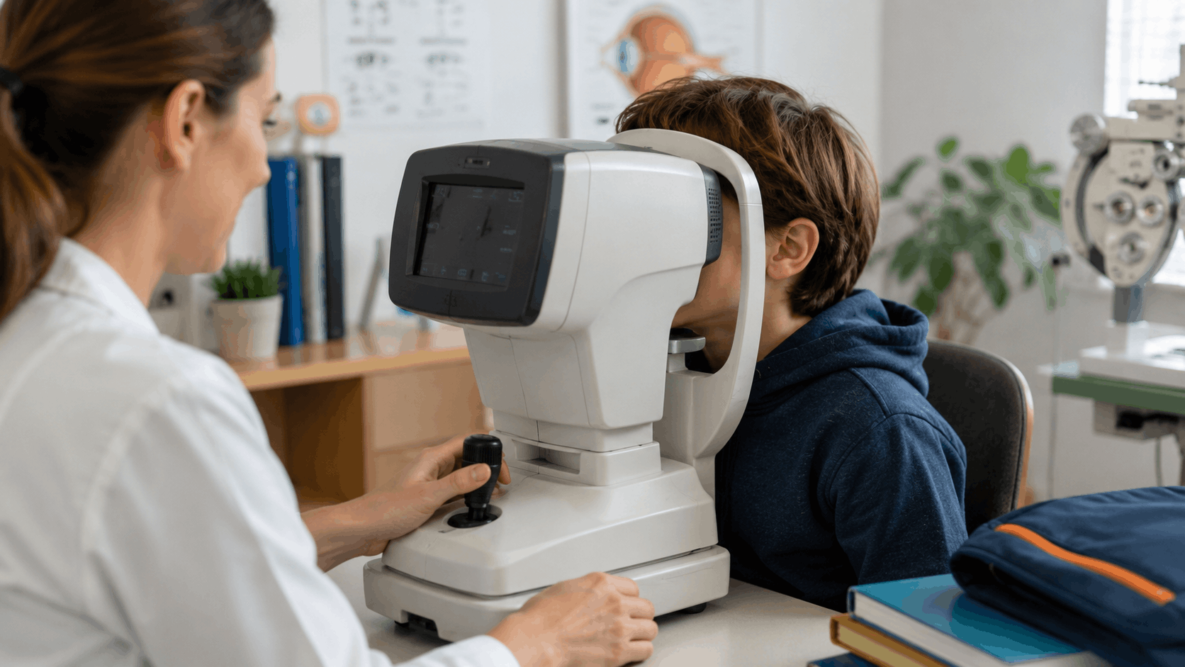 Niño realizando una medición con autorrefractómetro durante una revisión visual infantil