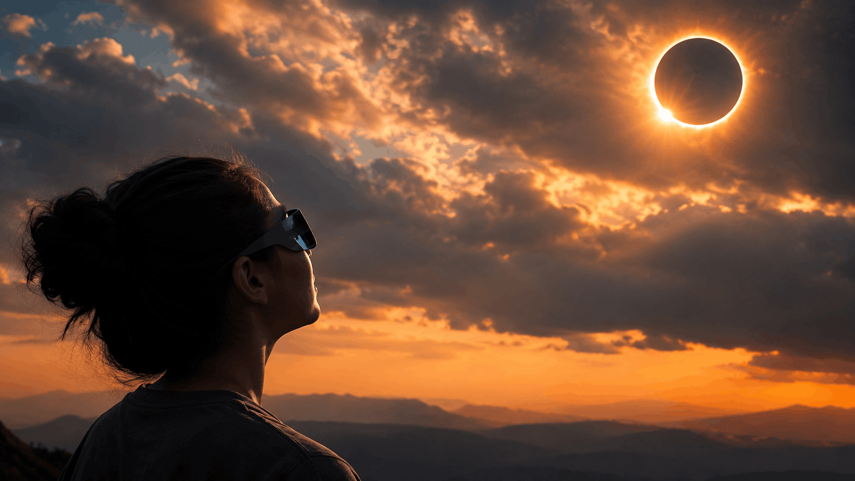 Joven observando el eclipse solar con gafas de eclipse homologadas desde un mirador al atardecer